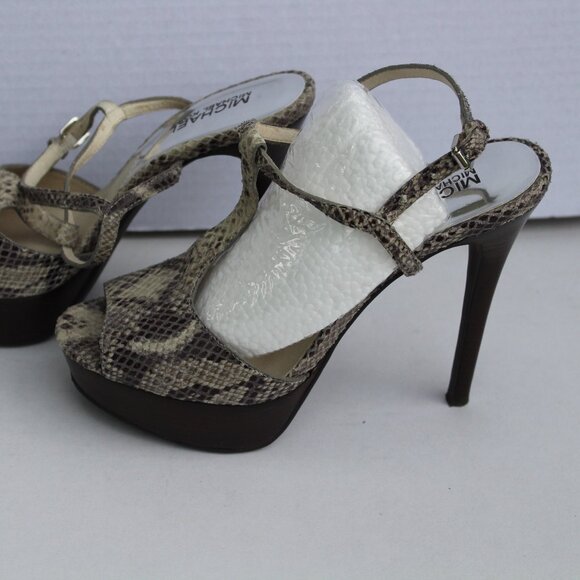 MICHAEL KORS  T-STRAP WOMEN PLATFORM HEELS SHOES SNAKE PRINT Size 7m - Picture 1 of 8
